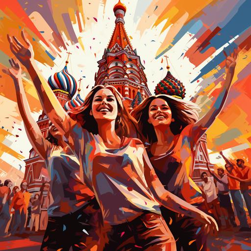 beautiful young tall russian girls group dancing together happily, around moscow kremlin pop art illustration--ar 4:7