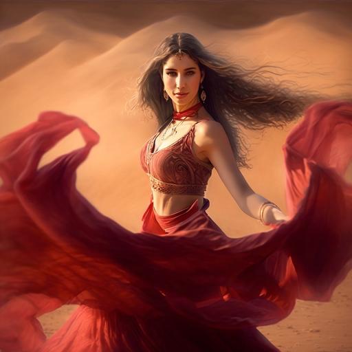 , , , beautiful young woman 20 years old, dancing in dessert oriental dance, red dress, hq