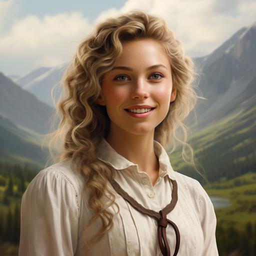 beautiful young woman, Very curly blonde hair, warm brown eyes, smiling with a dimpled cheek, white Victorian blouse, mountains in background, ultra realistic
