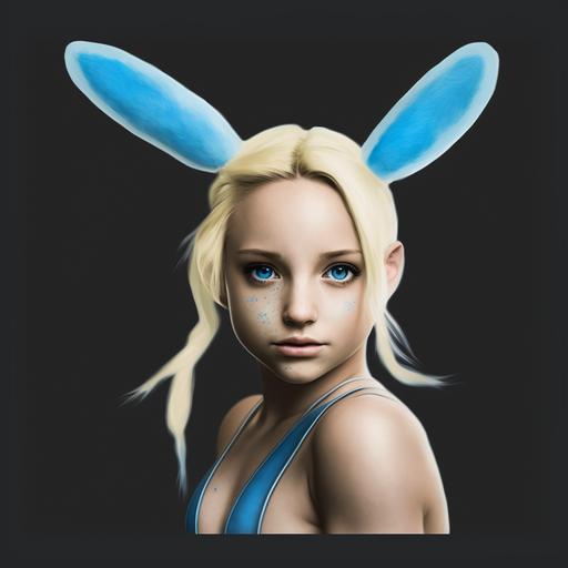 beautiful young woman, blonde , blue bunny ears, minus sign in blue facepainted on her cheek, realistic