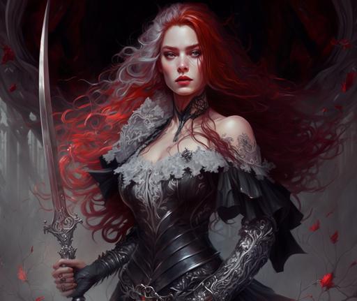 beautiful young woman with long crimson hair, red lips, silver flaming sword, highly detailed digital painting illustration, beautiful lighting, intricate details, cinematic, dynamic, vampire, butterfly wings, in a black victorian dress with lace, volumnous sleeves, --v 4 --ar 6:5