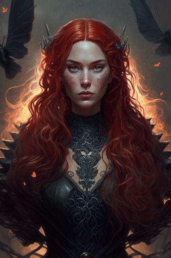 beautiful young woman with long crimson hair, red lips, victorian, flaming sword, highly detailed digital painting illustration, beautiful lighting, intricate details, cinematic, dynamic, vampire, butterfly wings, in a black victorian dress with lace, volumnous sleeves, demonic uprising, pre-raphaelite style painting --v 4 --ar 2:3