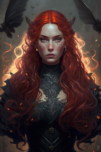 beautiful young woman with long crimson hair, red lips, victorian, flaming sword, highly detailed digital painting illustration, beautiful lighting, intricate details, cinematic, dynamic, vampire, butterfly wings, in a black victorian dress with lace, volumnous sleeves, demonic uprising, pre-raphaelite style painting --v 4 --ar 2:3