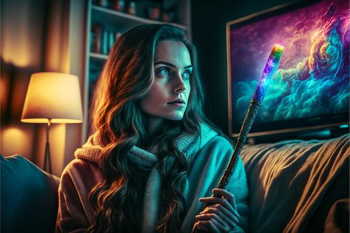 beautiful younger model holding harry potter wizard wand, showcasing wizard wand, watching tv, pointig wand at tv, gradient colors, vibrant, unreal engine, artstation, canon wide angle lense --ar 3:2 --s 250 --q 1