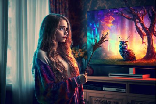 beautiful younger model holding harry potter wizard wand, showcasing wizard wand, watching tv, pointig wand at tv, gradient colors, vibrant, unreal engine, artstation, canon wide angle lense --ar 3:2 --s 250 --q 1