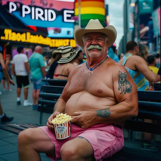 beautifully cinematic photograph, strong man, happy man, so handsome, clean shaven, thick mustache, cowboy hat, large body builder, tan skinned man, aged 75, giant muscles, strong arms, big strong chest muscles, tight pink gym shorts, barefoot, hairy chest, small wolf tattoo on belly, happy man, colorful image, close up, focused above the waist, sitting on a park bench in a time square, eating pop corn, surrounded my tons of rainbow people, sign on marquee above says 