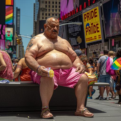 beautifully cinematic photograph, strong man, protruding belly, large body builder, tan skinned man, aged 75, giant muscles, strong arms, big strong chest muscles, tight pink gym shorts, barefoot, hairy chest, small wolf tattoo on belly, happy man, colorful image, close up, focused above the waist, sitting on a park bench in a time square, eating pop corn, surrounded my tons of rainbow people, sign on marquee above says 