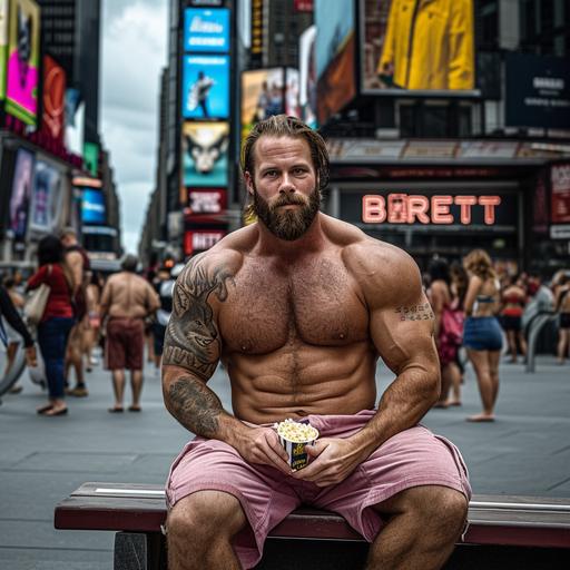 beautifully cinematic photograph, strong man, protruding belly, large body builder, tan skinned man, aged 35, giant muscles, strong arms, big strong chest muscles, tight pink gym shorts, barefoot, hairy chest, small wolf tattoo on belly, happy man, colorful image, close up, focused above the waist, sitting on a park bench in a time square, eating pop corn, surrounded my tons of rainbow people, sign on marquee above says 