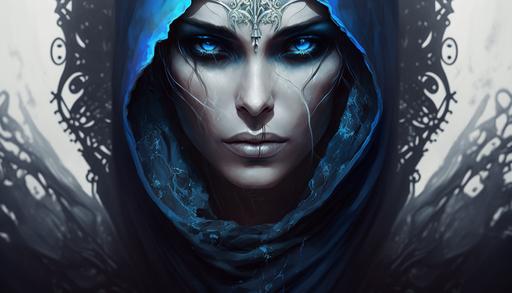 beautiful,realistic,hijab, villain, queen of death, wallpaper, 2k,blue,white, clear face, --ar 16:9