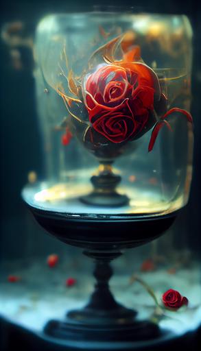 beauty and the beast red rose floating in glass dome, enchanted, on black marble table, by gothic window, closeup, hyperrealistic, --ar 9:16 --upbeta --s 5000 --v 3