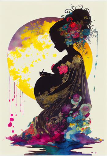 beauty silhouette pregnant 8 months women, masterpiece, By Jean-Baptiste Monge, Takashi Murakami, Yoh Nagao, silhouettepunk, lisa frank paper art --ar 2:3 --upbeta --q 2 --v 4