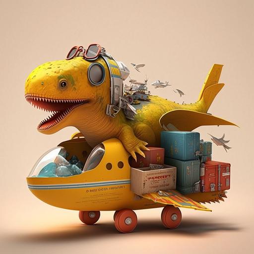 bebe dinosaurio con un casco amarillo, rodeado de cajas de carton y un avion y barco de juguete