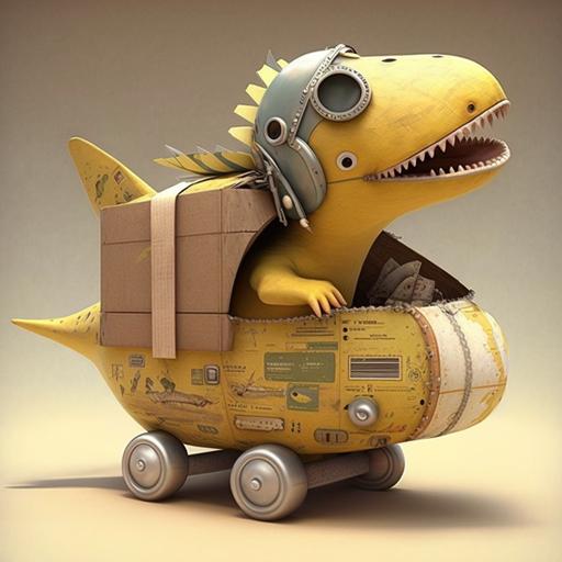 bebe dinosaurio con un casco amarillo, rodeado de cajas de carton y un avion y barco de juguete
