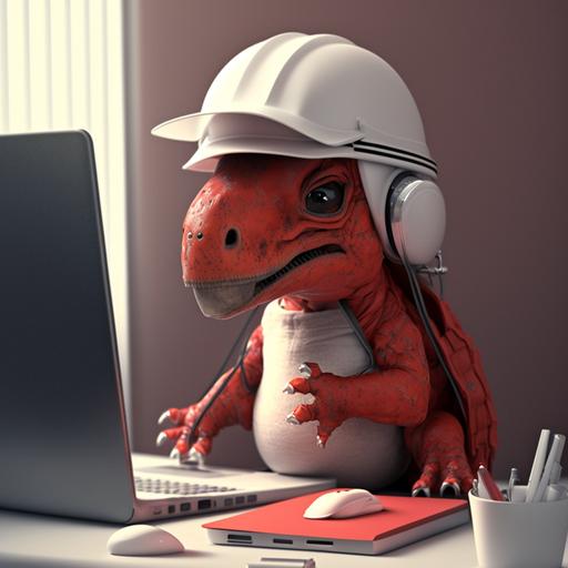 bebe dinosaurio rojo con casco de trabajo blanco en una oficina con una computadora
