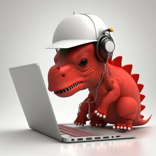 bebe dinosaurio rojo con casco de trabajo blanco navegando por internet en una laptop