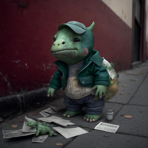 bebe dinosaurio, verde, con camisaroja y pantalón de cuadros, en la calle con billetes en la mano y cara aburrida