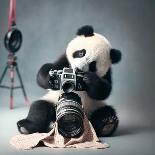 bebe panda con camara de fotos en la mano mirando de frente en un estudio fotografico