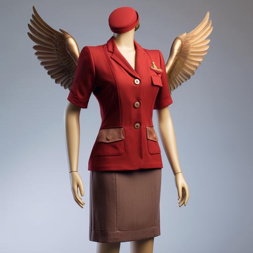 create a photorealistic female post office uniform with top with open back and a blazer with short sleeves and a skirt above the knee and headpiece with a larger then usual golden bird, red velvet fabric with pattern and style elements of steampunk added.