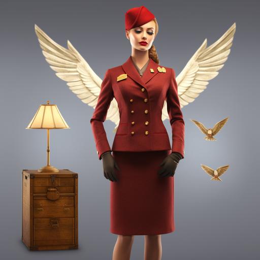 create a photorealistic female post office uniform with top with open back and a blazer with short sleeves and a skirt above the knee and headpiece with a larger then usual golden bird, red velvet fabric with pattern and style elements of steampunk added.