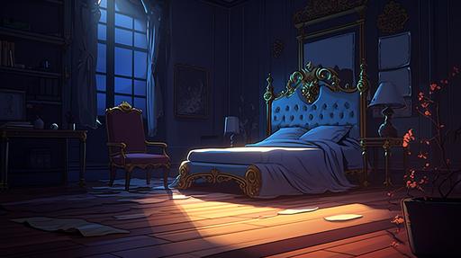bedroom , night , tidy ,dark, anime style , --ar 16:9 --v 5.0