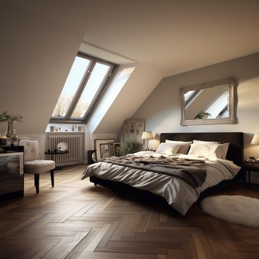 bedroom 14.5m2, blank walls, attic windows, low ceiling, bed, mirror wardrobes, flat straight dark oak wood floor