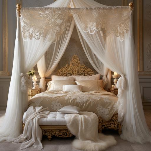 bedroom furniture, white lace, guaze, canopy bed, nuetral colors, relazing, spa like, gold highlights