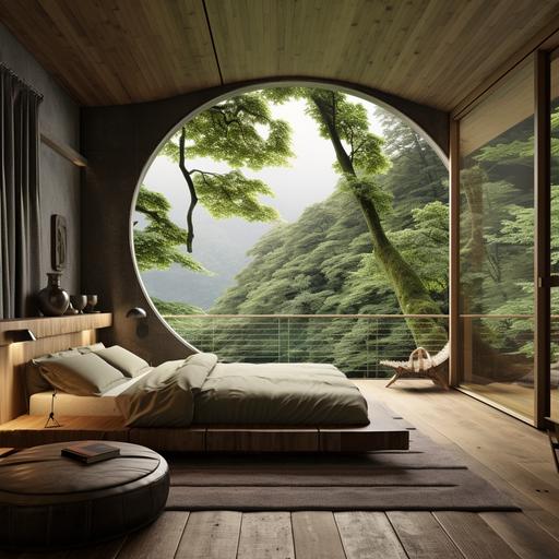 bedroom interior, Japanese-style round door, with sliding wooden doors to both sides, wooden floor, view over the bedroom, concrete ceiling, natural rustic cliffs, many green trees