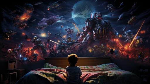 bedroom night time projector zoetrope reflects images of transformers battling decepticon in space amongst the stars onto the bedroom walls of a sleeping boy, colorful images, 3D airbrush style by greg craola simkins, --ar 1920:1080