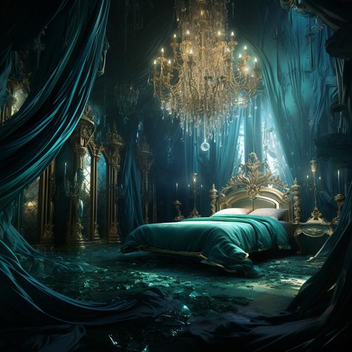 A bedroom of a fairy queen blinded by a brilliantly maddening emerald. Magnificent scale, Two giant crystal chandeliers, a golden bed, a very, very high level, a long velvet curtain, an atmosphere that seems not real, beauty, glare, blue