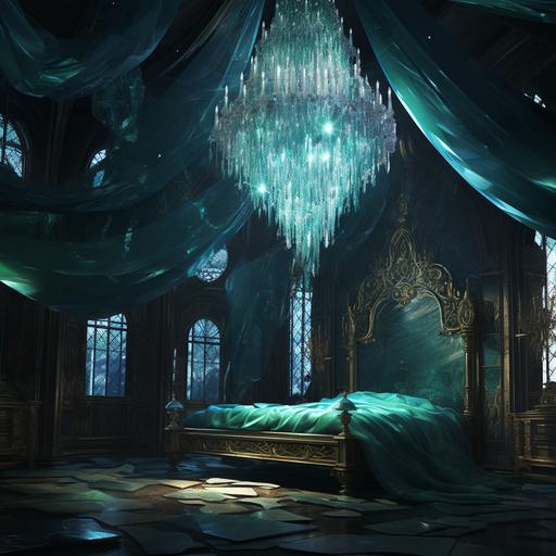 A bedroom of a fairy queen blinded by a brilliantly maddening emerald. Two giant crystal chandeliers, a very, very high level, a long velvet curtain, an atmosphere that doesn't seem real, beauty, glare, blue