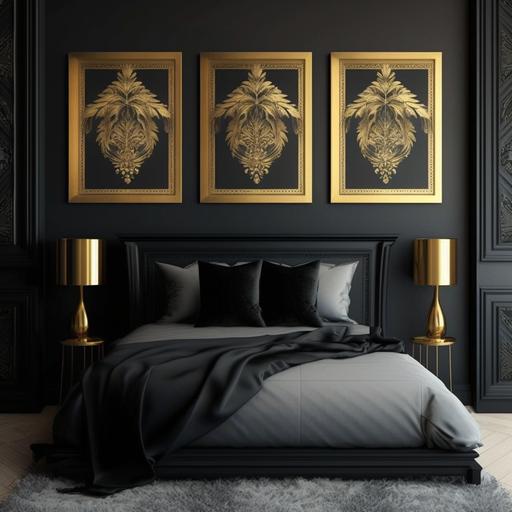 bedroom with black and gold bed with engraved headboart and 3 square wall art mock up with black and gold engraved frames make the room feel welcoming and calming with soft decorations arround