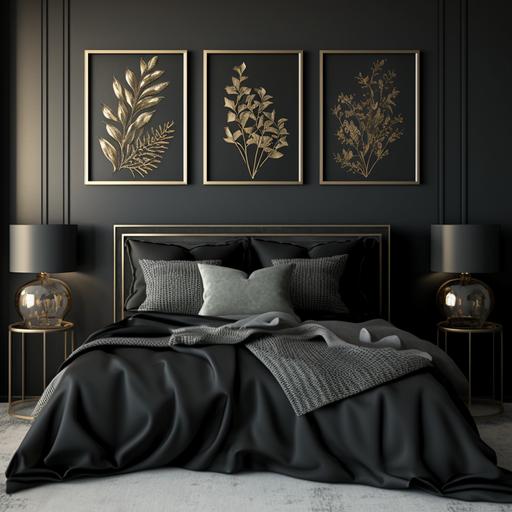 bedroom with black and gold bed with engraved headboart and 3 square wall art mock up with black and gold engraved frames make the room feel welcoming and calming with soft decorations arround