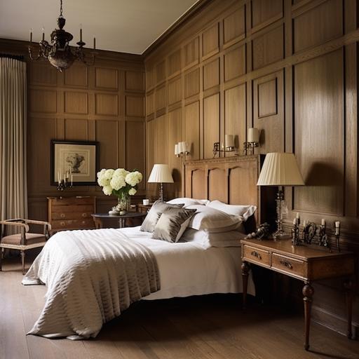 bedroom with light wooden paneling (Arts & Crafts) combined with a bed and antique-inspired table lamps (Victorian). (but still look modern)