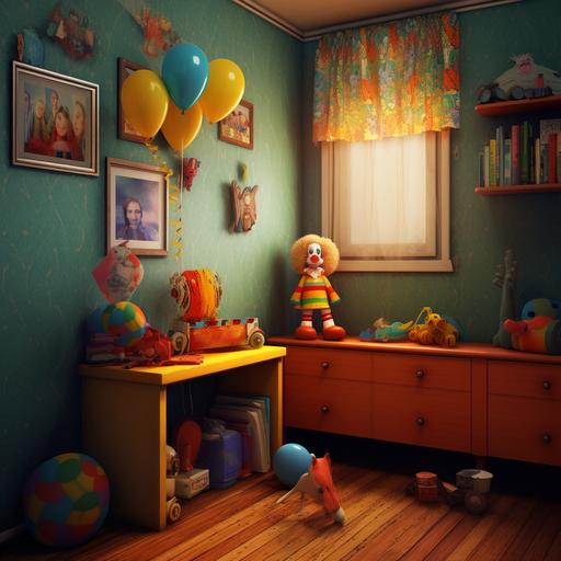 bedroom. illustration. clown toy on shelf