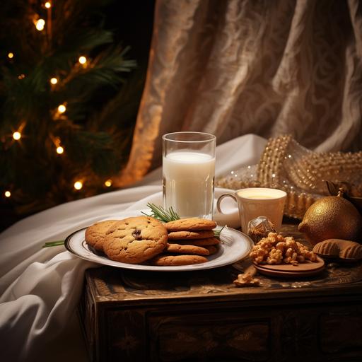 bedside table illuminated with warm light, glass of milk with cookies on a plate, illuminated background of a Christmas tree, arrival of the three wise men