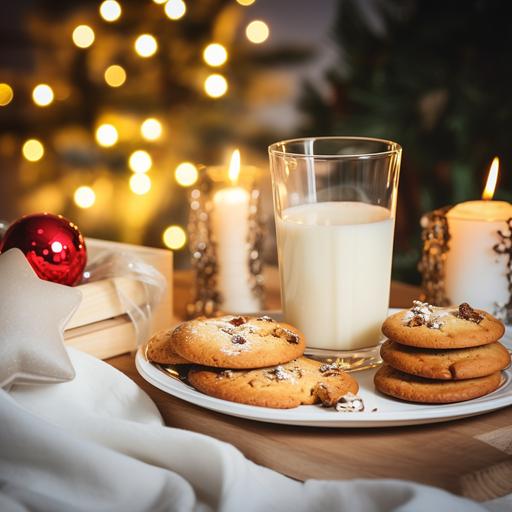 bedside table illuminated with warm light, glass of milk with cookies on a plate, illuminated background of a Christmas tree,