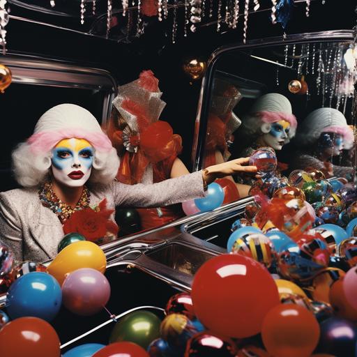 1970's magasine advert showing an insane wild party inside a limo, luxury, martini glasses, streamers, disco, mirror ball and chimp in a turban style of helmut newton and photographer lachapelle 1970s fashion film photography, photorealistic