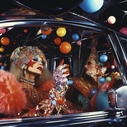 1970's magasine advert showing an insane wild party inside a limo, luxury, martini glasses, streamers, disco, mirror ball style of helmut newton and photographer lachapelle 1970s fashion film photography, photorealistic