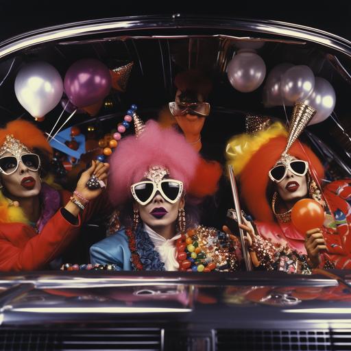 1970's magasine advert showing an insane wild party inside a limo, luxury, martini glasses, streamers, disco, mirror ball and chimp in a turban style of helmut newton and photographer lachapelle 1970s fashion film photography, photorealistic