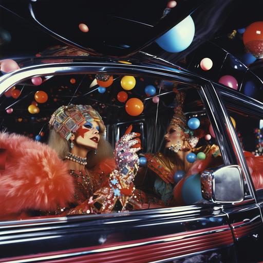 1970's magasine advert showing an insane wild party inside a limo, luxury, martini glasses, streamers, disco, mirror ball style of helmut newton and photographer lachapelle 1970s fashion film photography, photorealistic