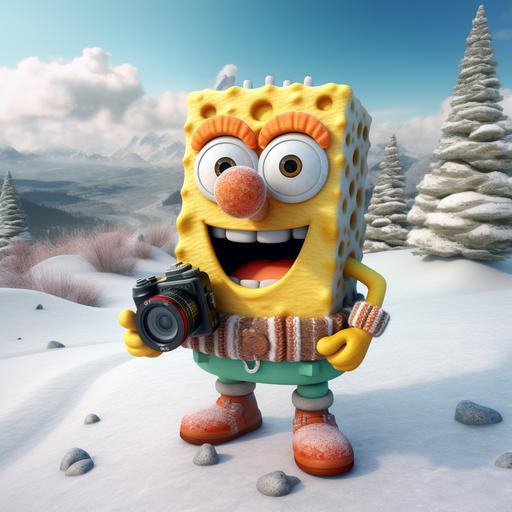 SpongeBob is taking pictures with a camera in the snowy mountains. The snowy mountains are behind him. The weather is sunny, 3d rendering, 4K