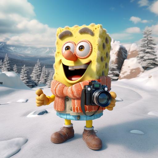 SpongeBob is taking pictures with a camera in the snowy mountains. The snowy mountains are behind him. The weather is sunny, 3d rendering, 4K