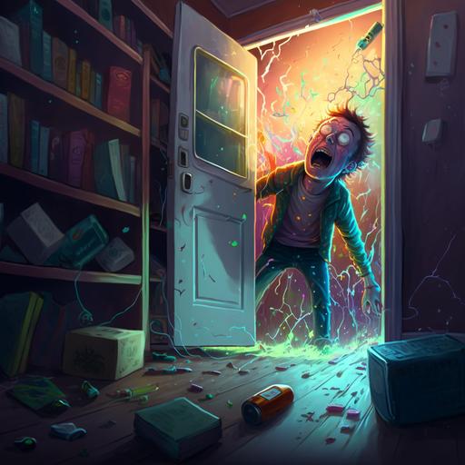 a drunk, wreck of a man that has become of Gibby from iCarly, now depressed, smoking a lot of drugs with dr pepper cans scattered acrossed his dimmly lit room, the refrigerator door cracked open with a slim streak of light beaming out of it. in the style of rick and morty