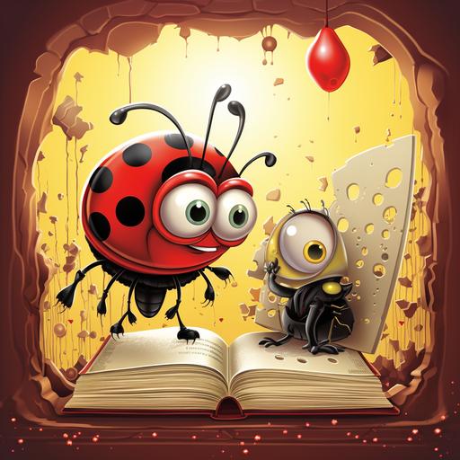 bee and ladybird coming out of an open book, cartoon style, detailed--ar 9:11