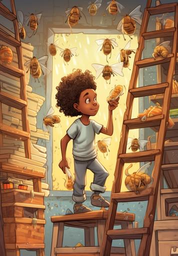 bee hive cartoon style with worker bees on ladders putting honey on shelves, 5 year old african american boy with afro, wearing black overalls, looking at bees working full color --ar 9:13