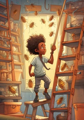 bee hive cartoon style with worker bees on ladders putting honey on shelves, 5 year old african american boy with afro, wearing black overalls, looking at bees working full color --ar 9:13
