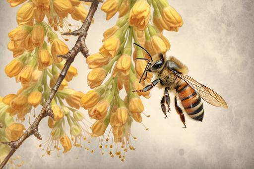 bee on black locust flowers, black locust science illustration poster, plants for bees, science illustration poster, crazy brilliant ideas, HD resolution, hyper detailed, unreal engine, intricate details, exquisite background, masterpiece of watercolor and drawn, hyperrealistic, technical diagram on paper, drawing, 3D rendering, zbrush art, hyperrealistic, highly detailed, high resolution, 8k, --q 5 --ar 3:2 --s 1000