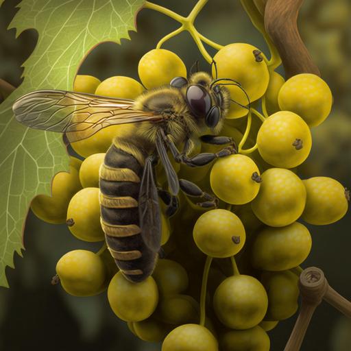 bee perched on yellow grapes ultra details, hyperrealistic, --v 4