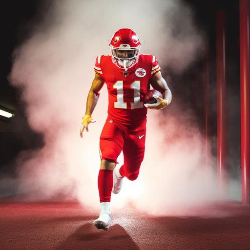 https:// Brandon Allen, football player, wearing a bright red jersey, number 17 on jersey, running onto field, football in hand, neon background, subtle --v 5.0