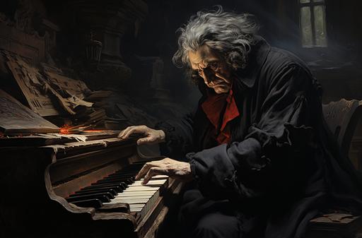 beethoven as black metal musican at the piano cd image, in the style of realist detail, dark gray and red, painting and writing tools, strong facial expression, william dyce, trompe-l'œil illusionistic detail, артур скижали-вейс --ar 91:60 --q 2 --s 250 --v 5.2